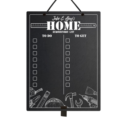 Personalised hanging chalkboard with 'Home Renovations List' at the top and 'to do' & 'to get' collumns with check boxes.