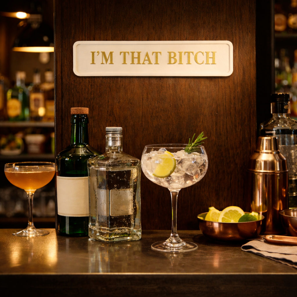Decorative cream and gold sign reading I'M THAT BITCH above a cosy home bar set up
