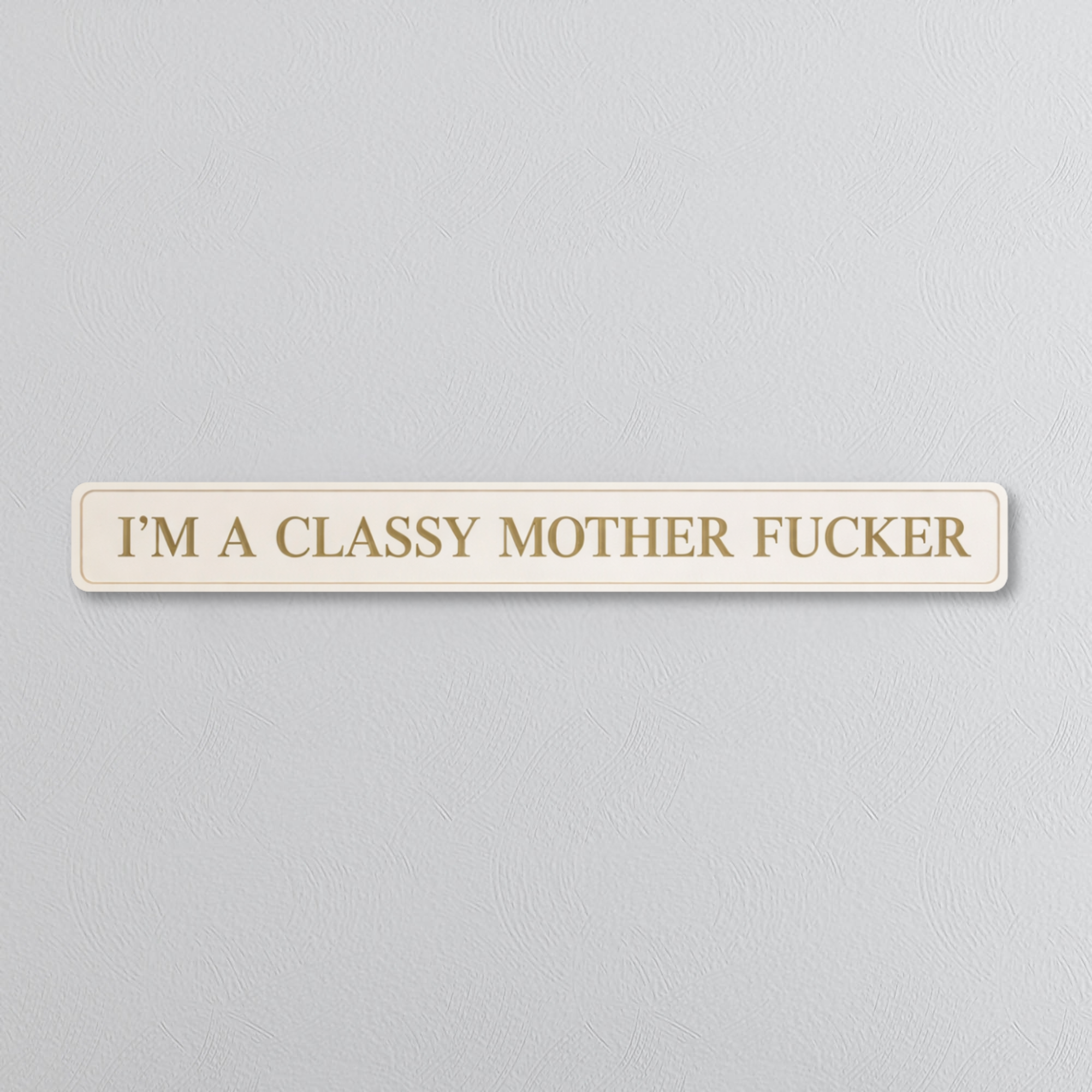 Rectangular sign with text 'I'M A CLASSY MOTHER FUCKER' in gold text on a light gray background