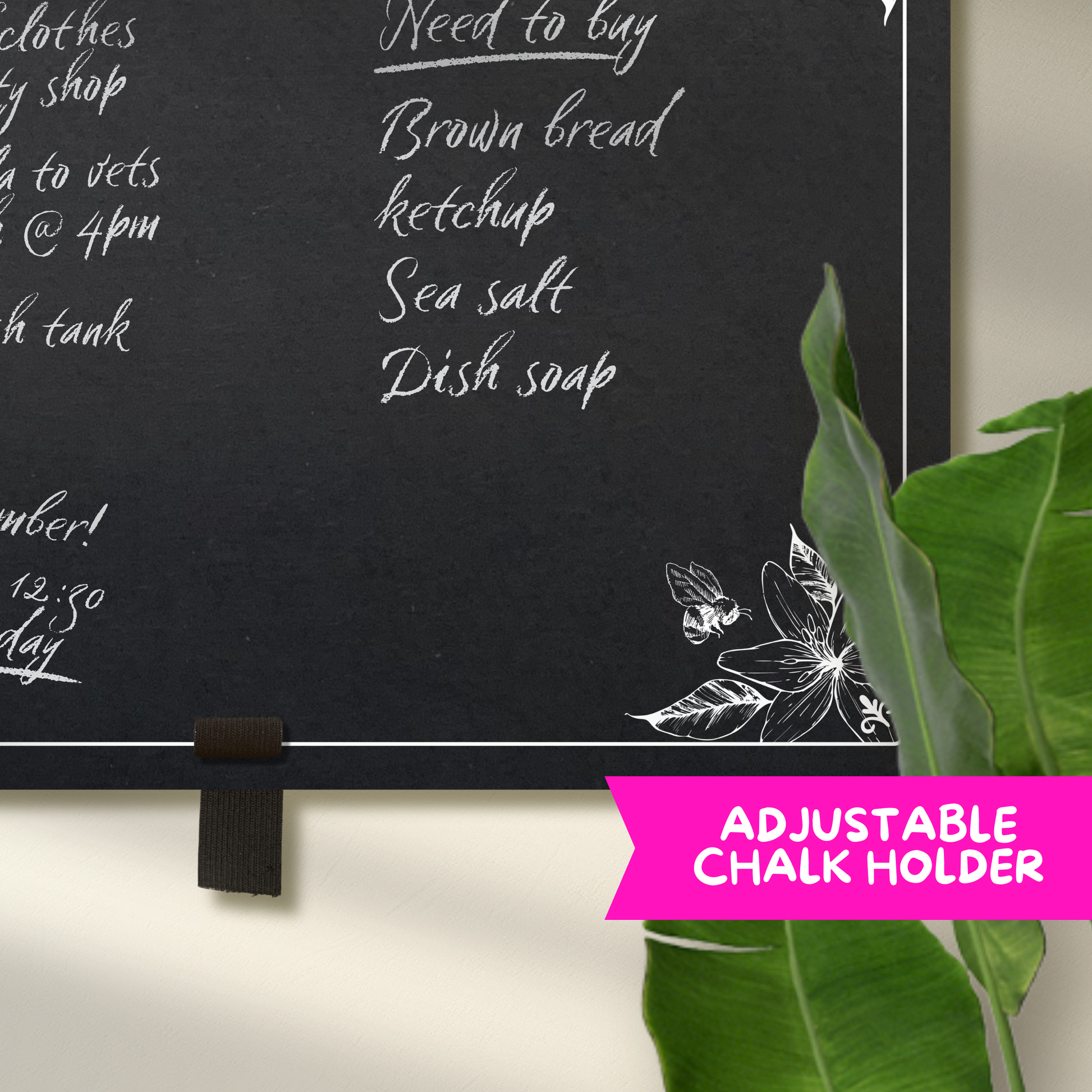 Close up of the large landscape chalkboard with elastic chalk holder, featuring sketchy floral illustrations 