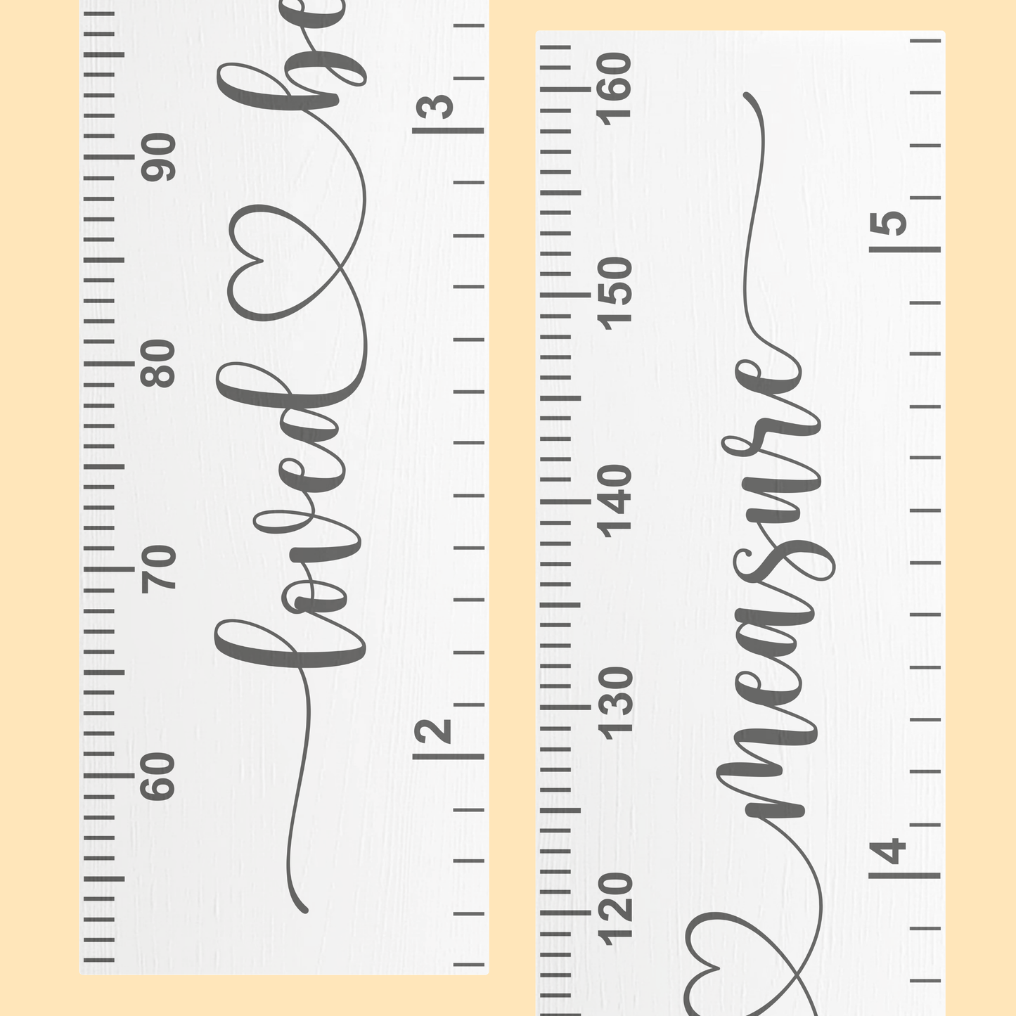 close up of a white wooden growth chart with measurement scale and 'loved beyond measure' in cursive printed up the middle