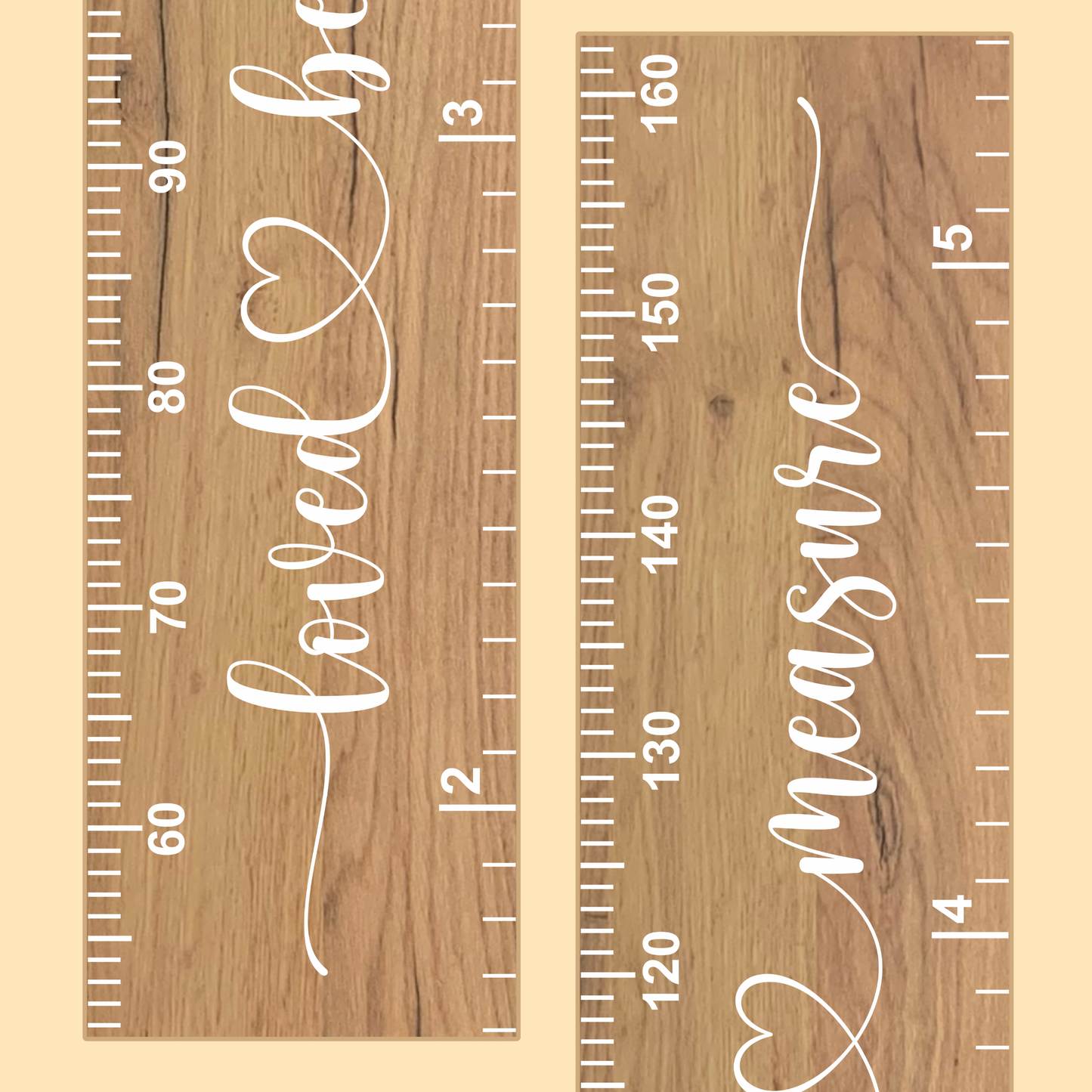 close up of a natural wooden growth chart with measurement scale and 'loved beyond measure' in cursive printed up the middle