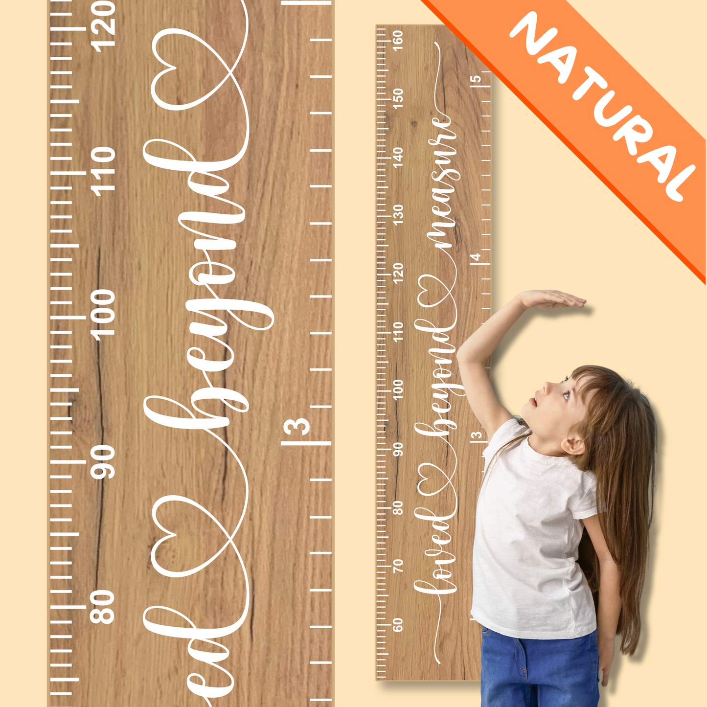 Natural wooden growth chart with measurement scale and 'loved beyond measure' in cursive printed up the middle, and child reaching for it, against a beige background.