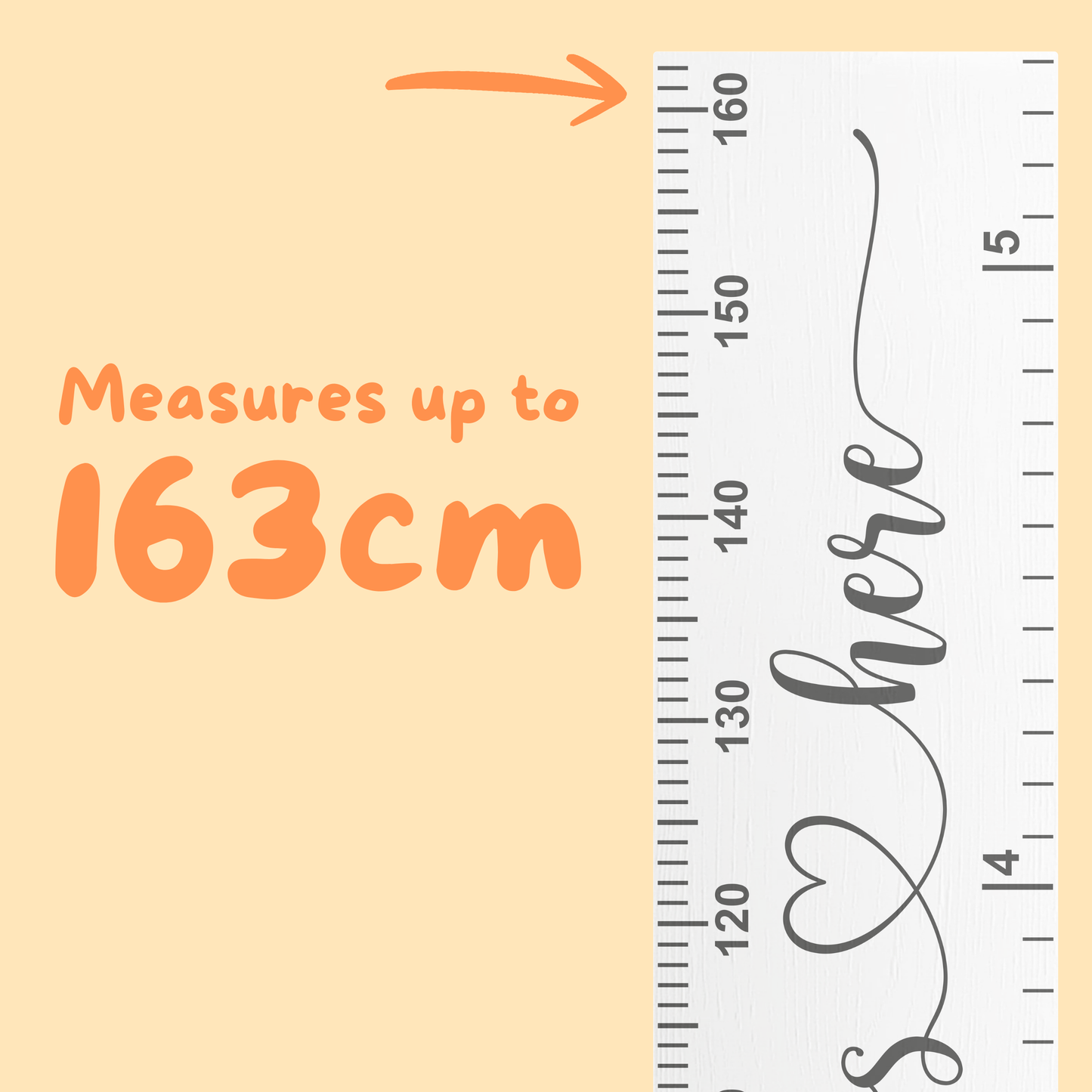 Growth ruler with decorative text on a peach background, indicating measurement capacity of 163cm