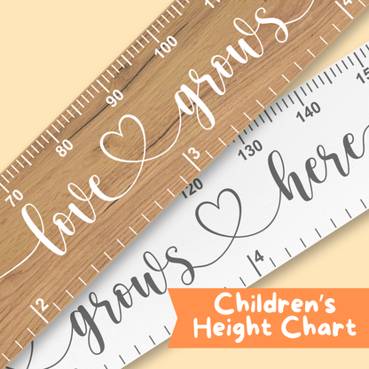 Children's height charts, one in natural wood and the other white, featuring the words 'love grows here' in swirling, cursive font printed up the middle, on a beige background
