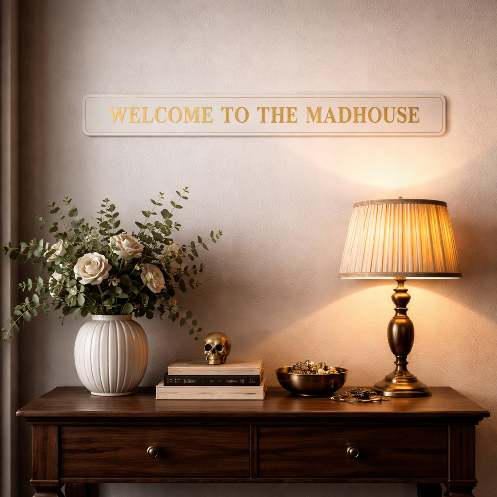 Cream and gold foiled street sign with "welcome to the madhouse" wording in a cosy room setting