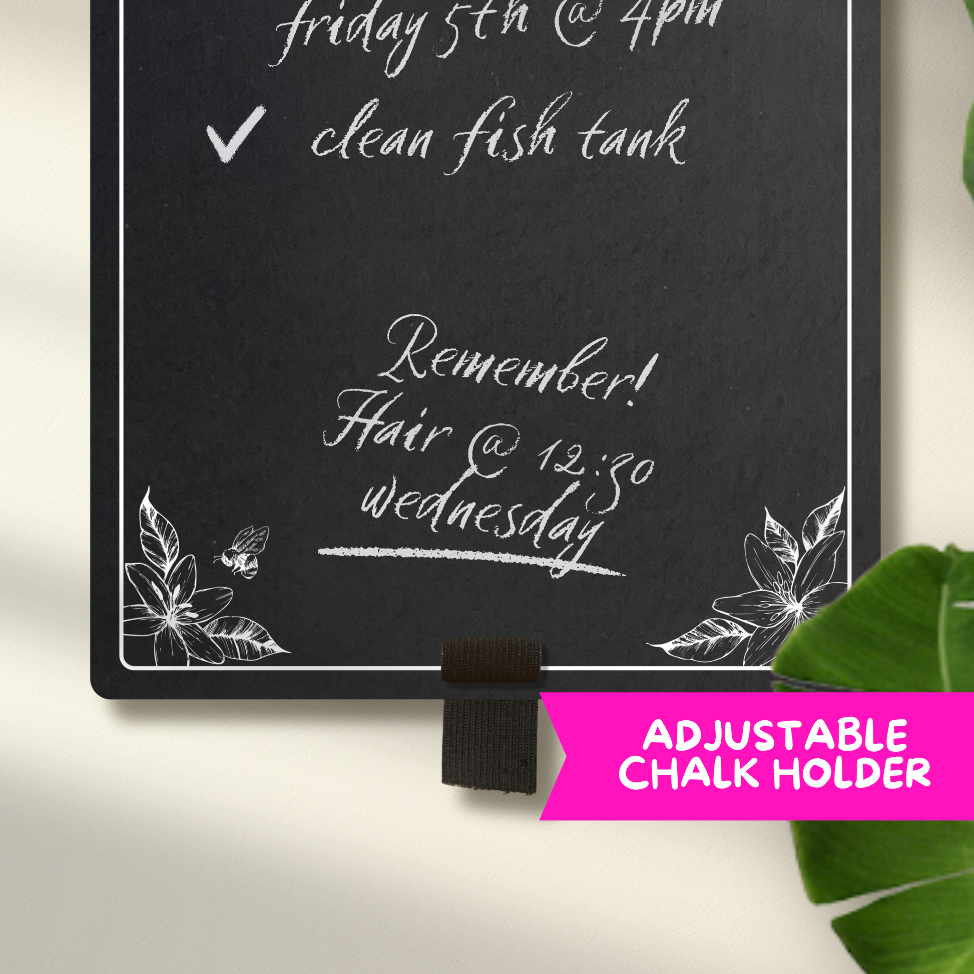 Close up of the medium portrait chalkboard with adjustable elastic pen holder, featuring sketchy floral illustrations 