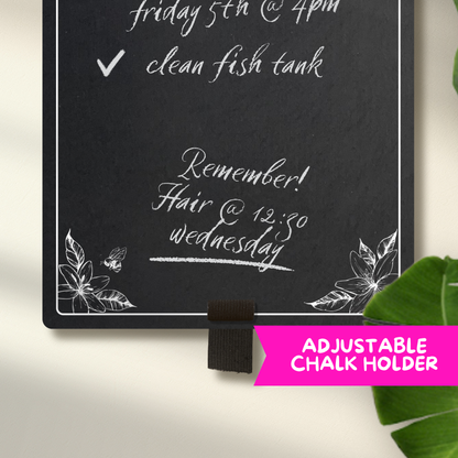 Close up of the medium portrait chalkboard with adjustable elastic pen holder, featuring sketchy floral illustrations 