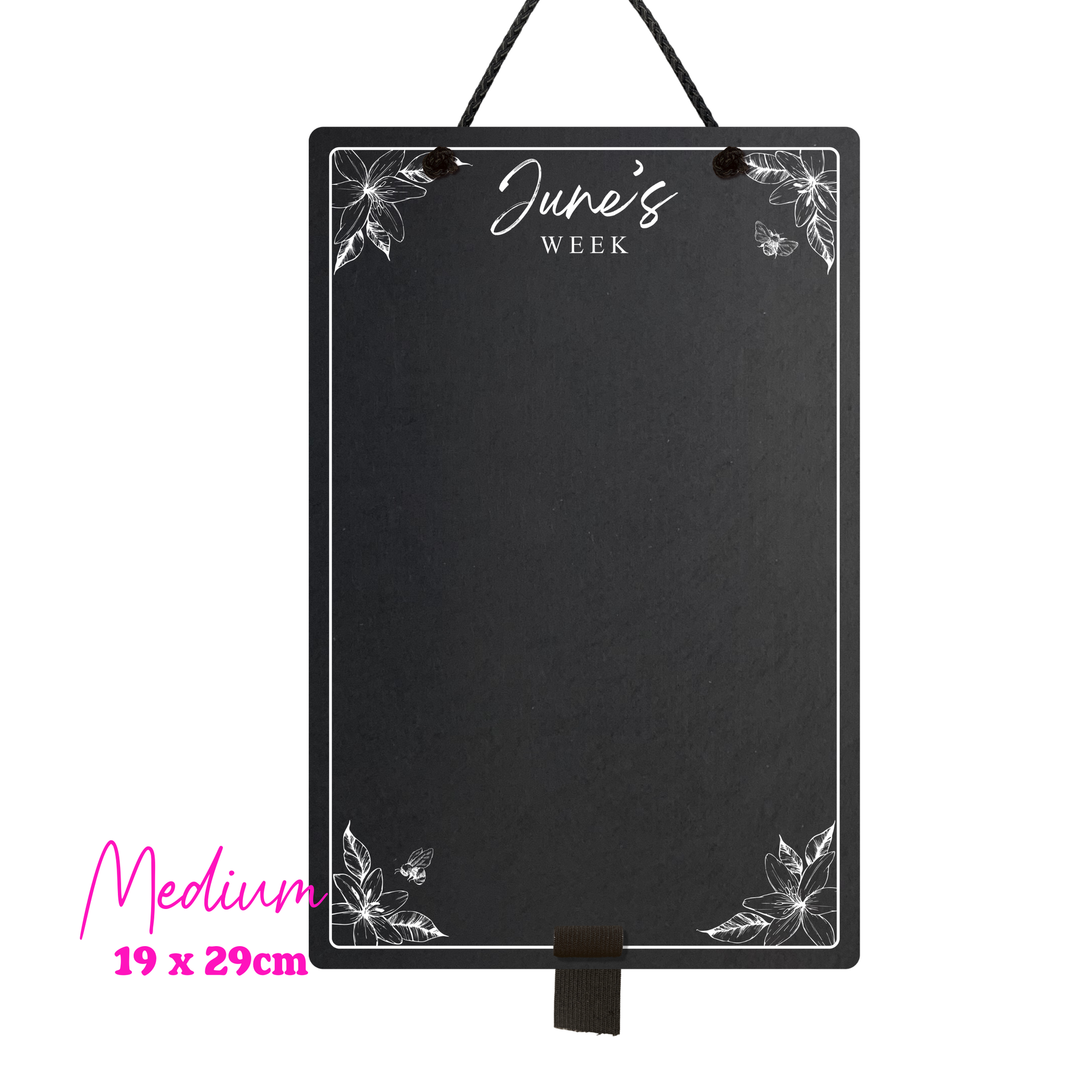 Medium portrait chalkboard hanging with black rope and an adjustable pen holder at the bottom. Featuring sketchy floral illustrations framing a mostly empty space with 'June's Week' at the top in cursive font. In the bottom left hand corner it reads 'Medium' and the measurements 19x29 cm
