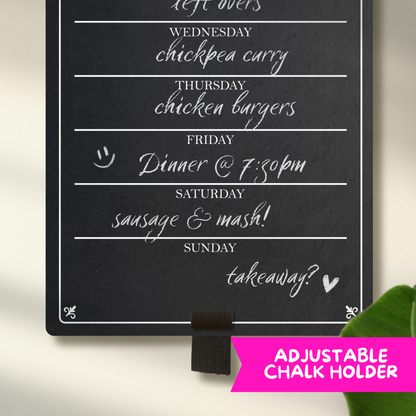 Close up of a medium chalkboard with adjustable pen holder, featuring the days of the week layed out down the center with sections for each day.