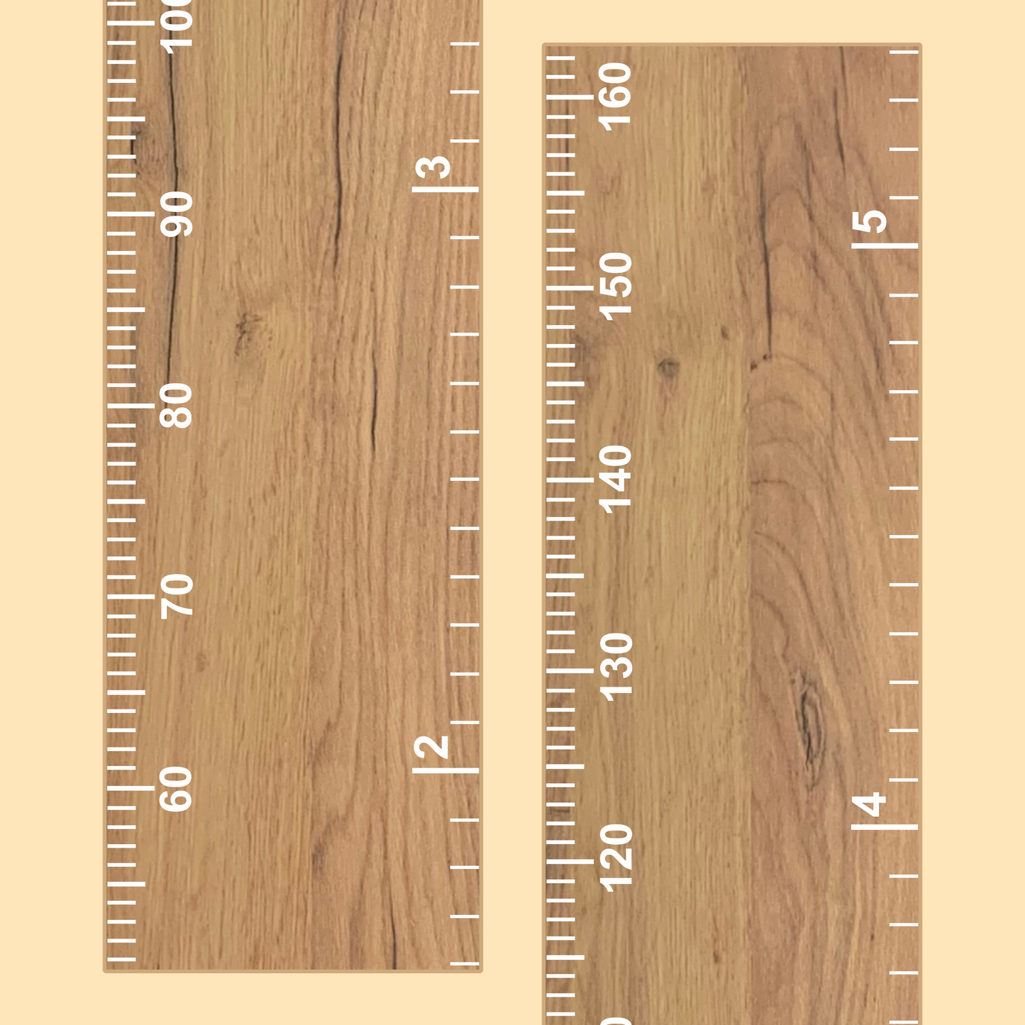 Wooden growth chart with white measurement scale on a wooden background