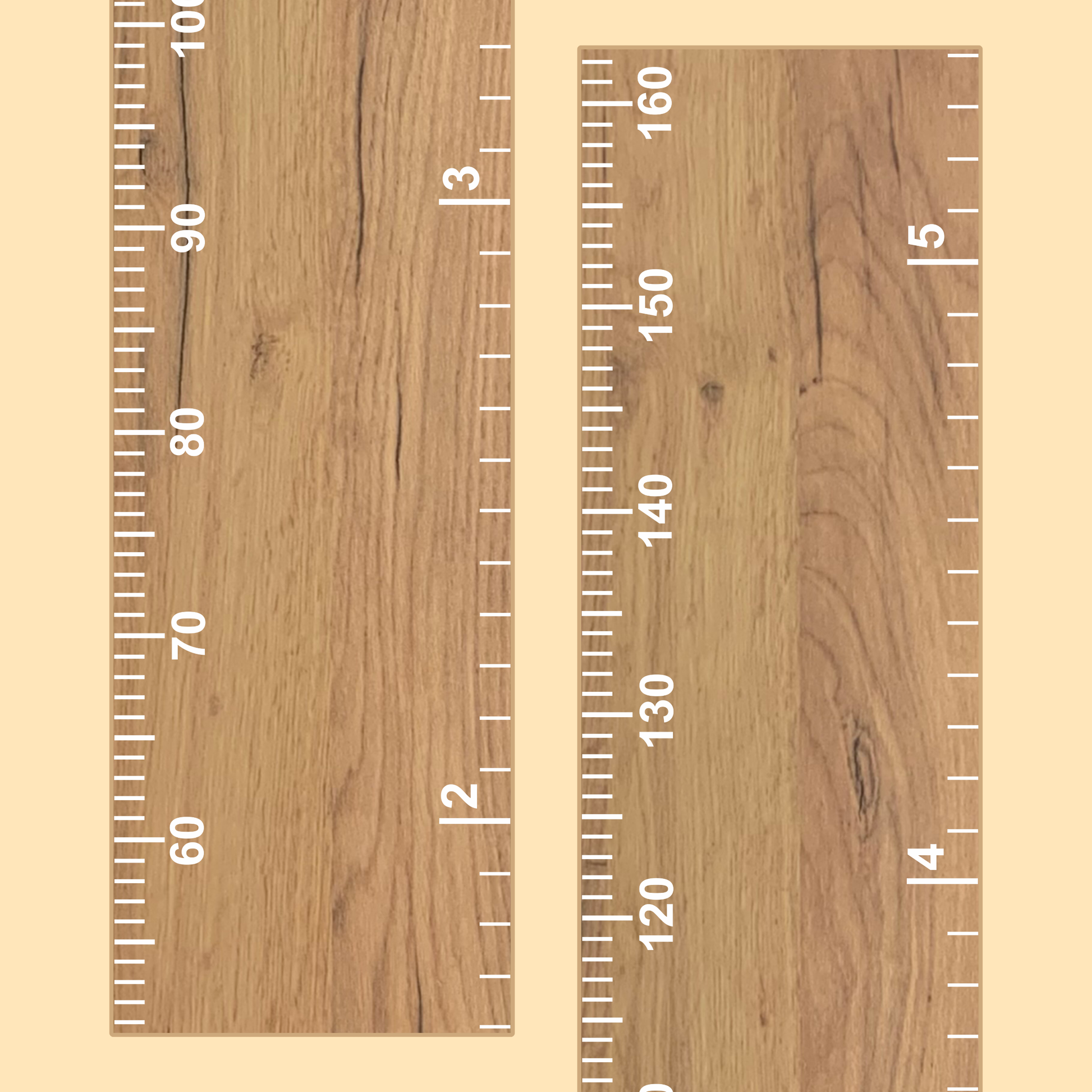 Wooden growth chart with white measurement scale on a wooden background