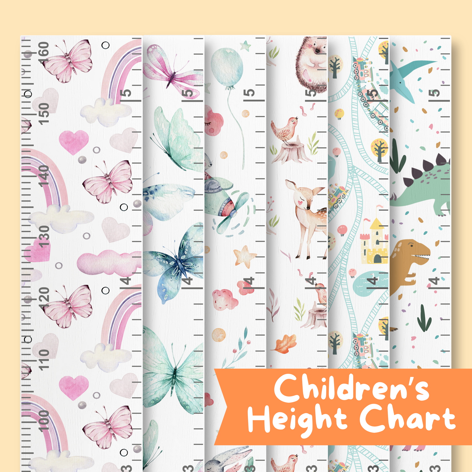 Patterened, colourful children's height charts with various designs on a light yellow background