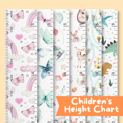 Patterened, colourful children's height charts with various designs on a light yellow background