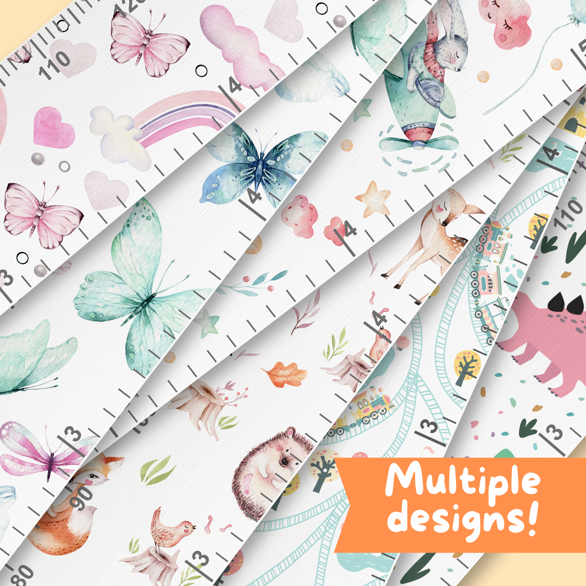 Collage of various children's clourful growth ruler designs with animals and nature elements