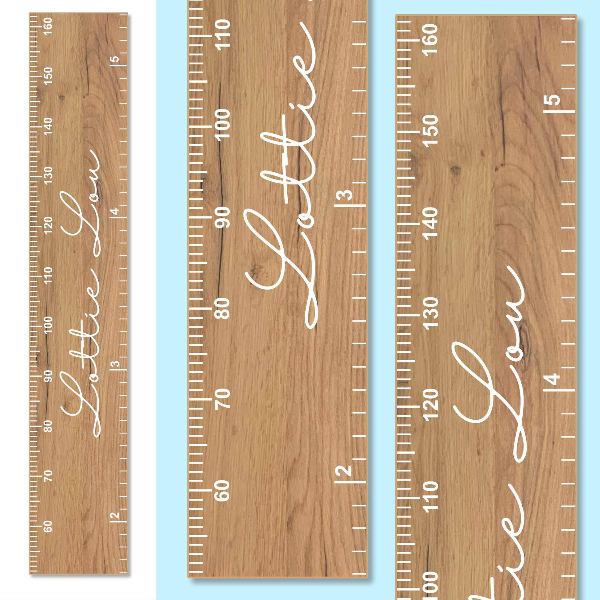 Close up of a natural wooden growth chart with personalised name in cursive font