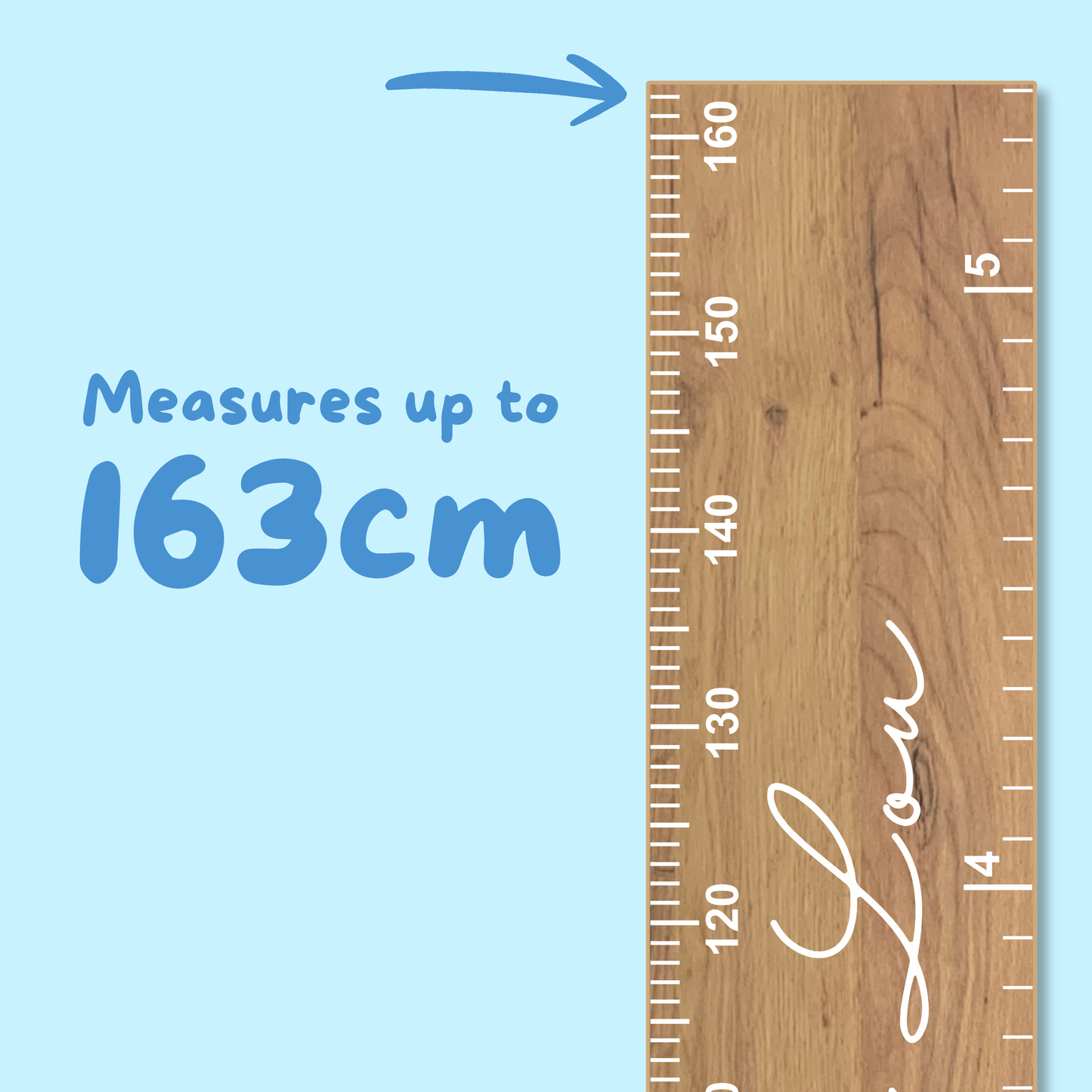 Wooden growth chart ruler with measurement details on a blue background