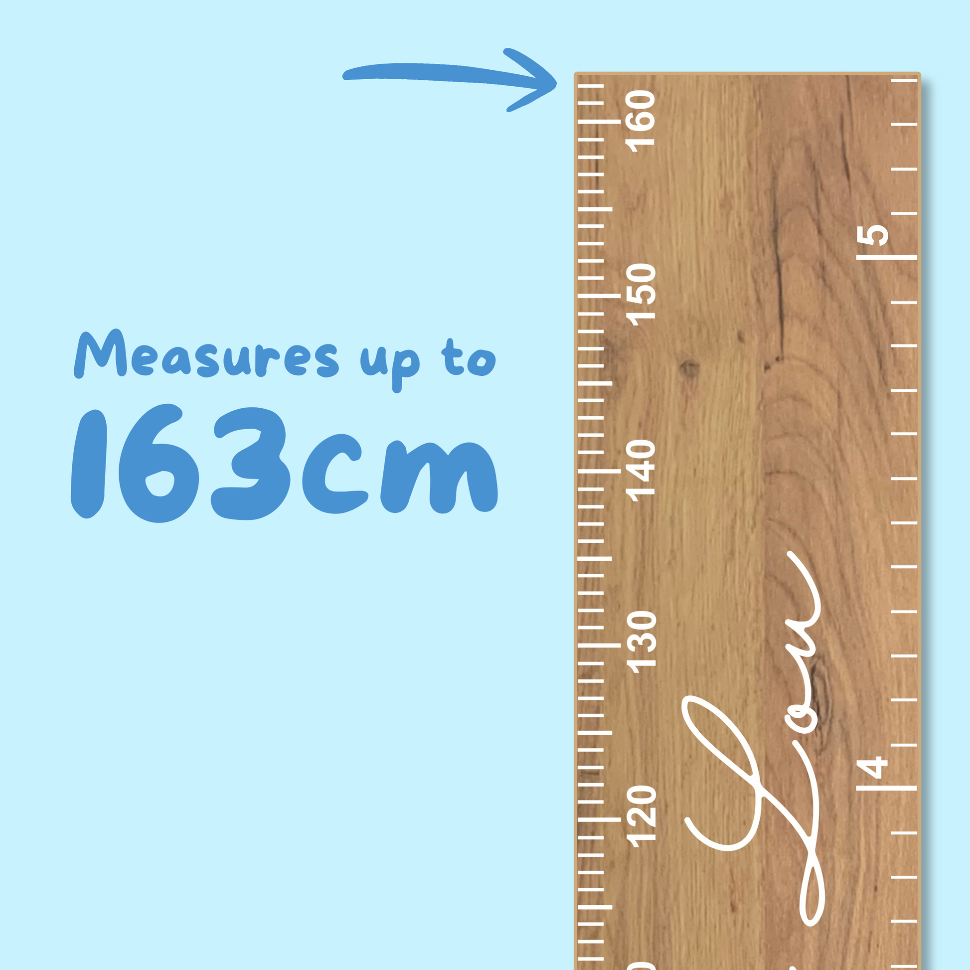 Wooden growth chart ruler with measurement details on a blue background