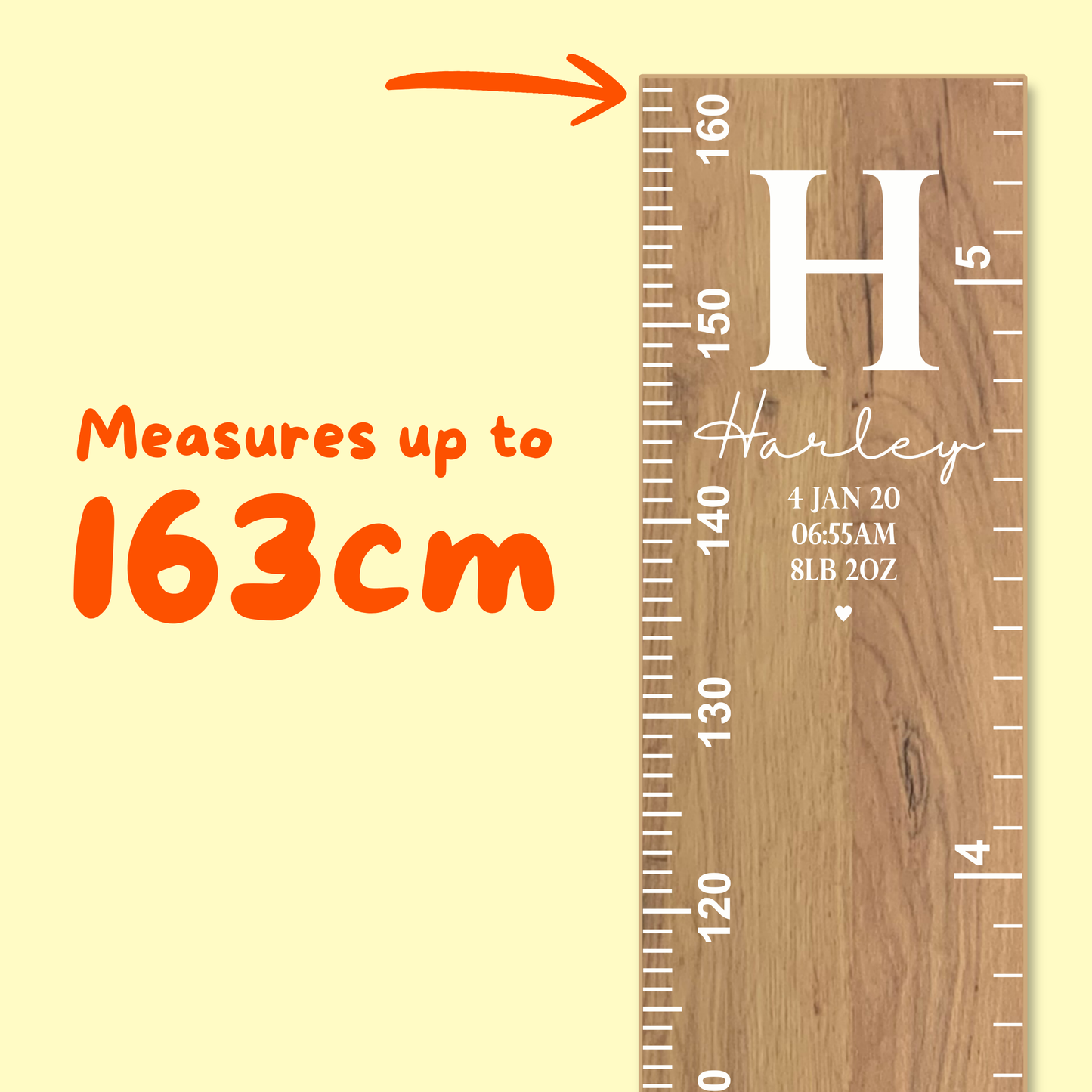 Wooden height chart with measurements up to 163cm on a yellow background