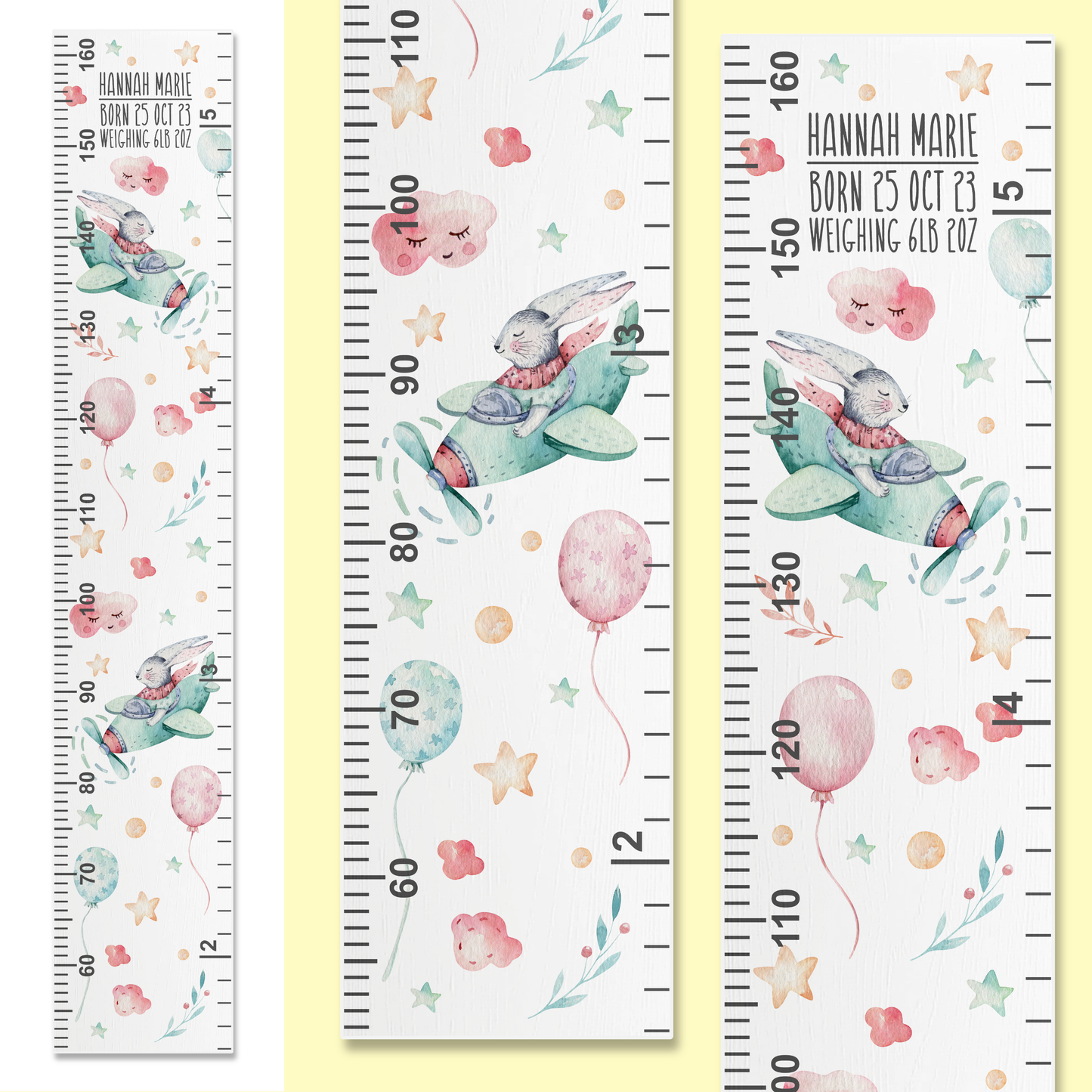 Three growth charts with watercolour bunny's flying a plane in the cloud. On on a white background