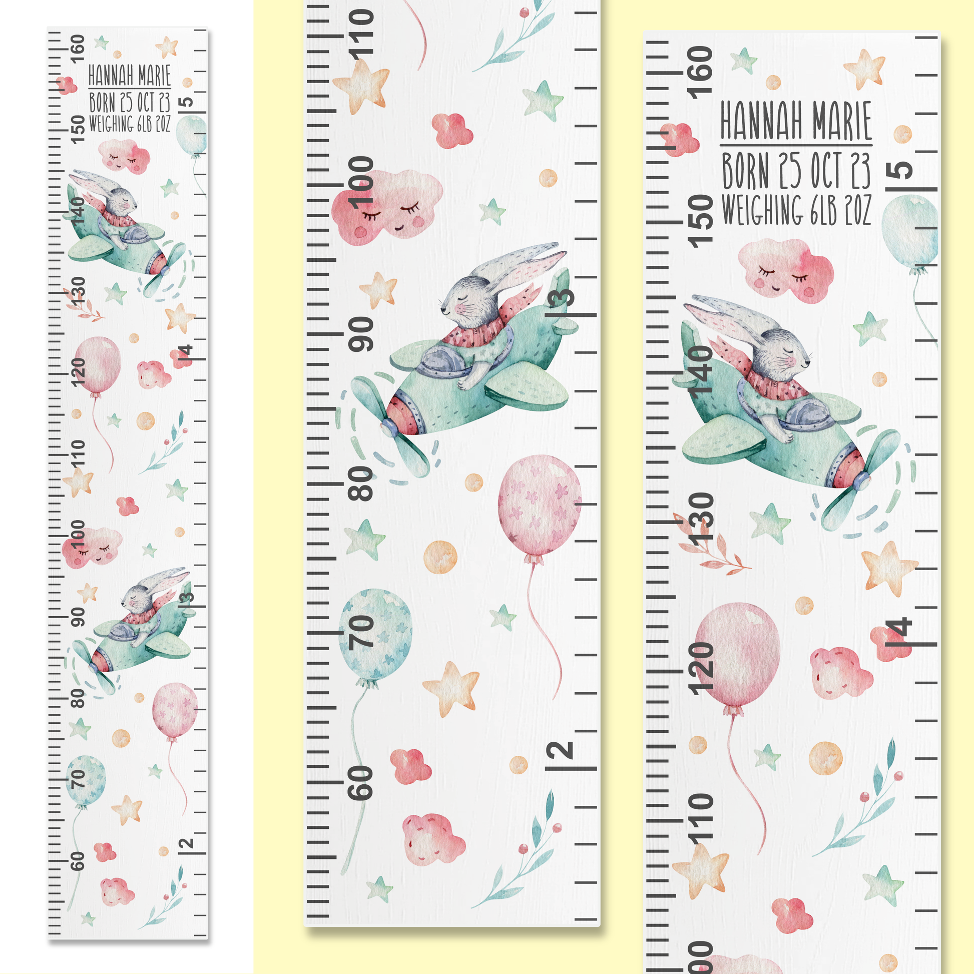 Three growth charts with watercolour bunny's flying a plane in the cloud. On on a white background