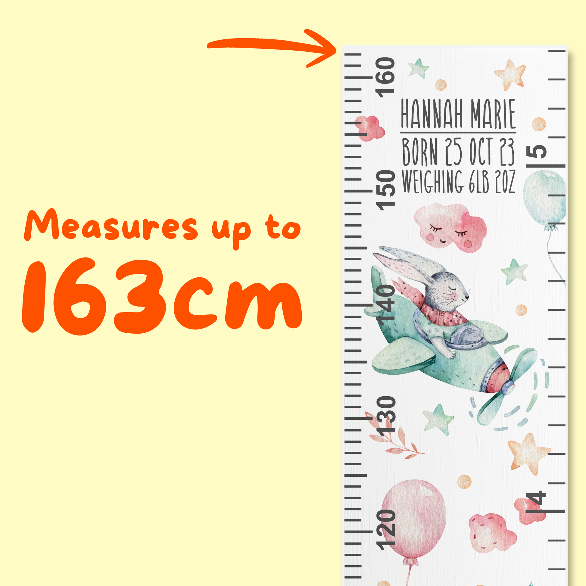 Children's height chart with watercolour bunnies flying planes and text on a yellow background