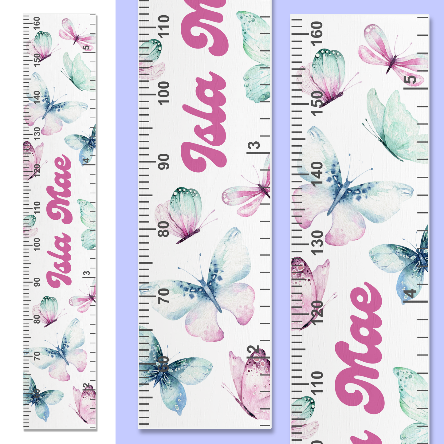 Three height charts with butterfly designs and personalized names on a light purple background.