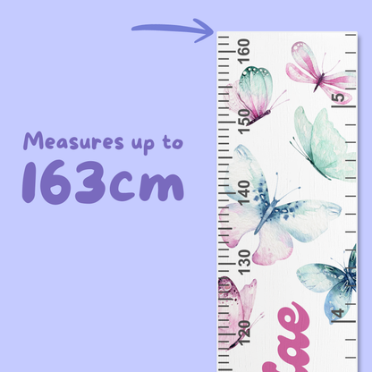 Ruler with butterfly designs on a purple background, indicating measurement up to 163cm.