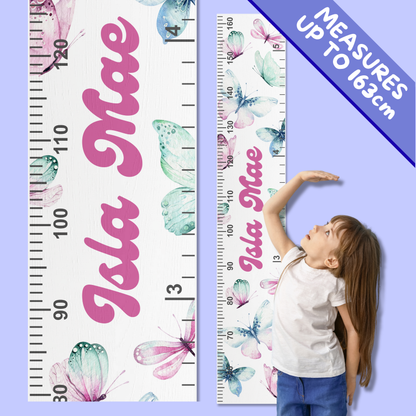 Personalized growth chart with watercolour butterfly design and child using it