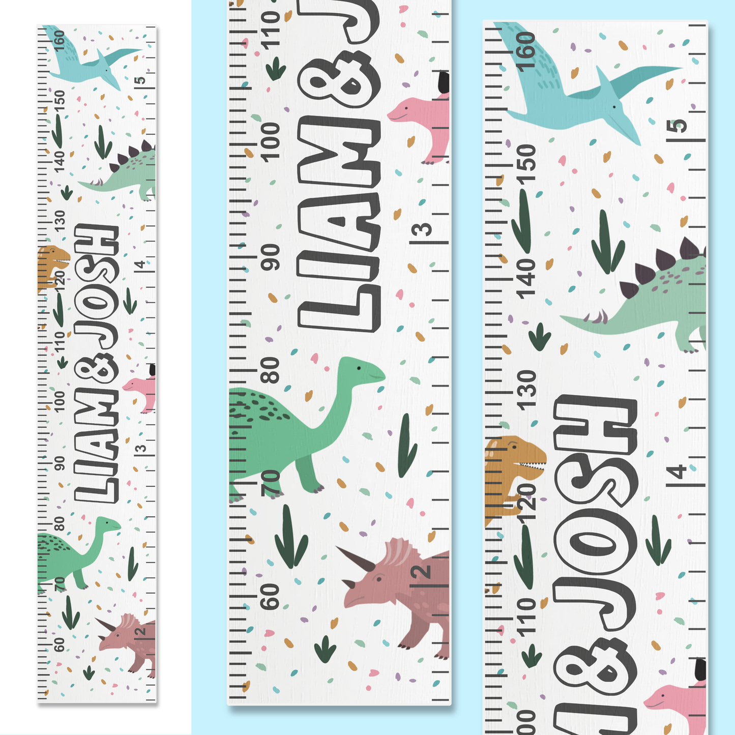 Three growth charts with dinosaur illustrations and personalised names up the middle on a white background.