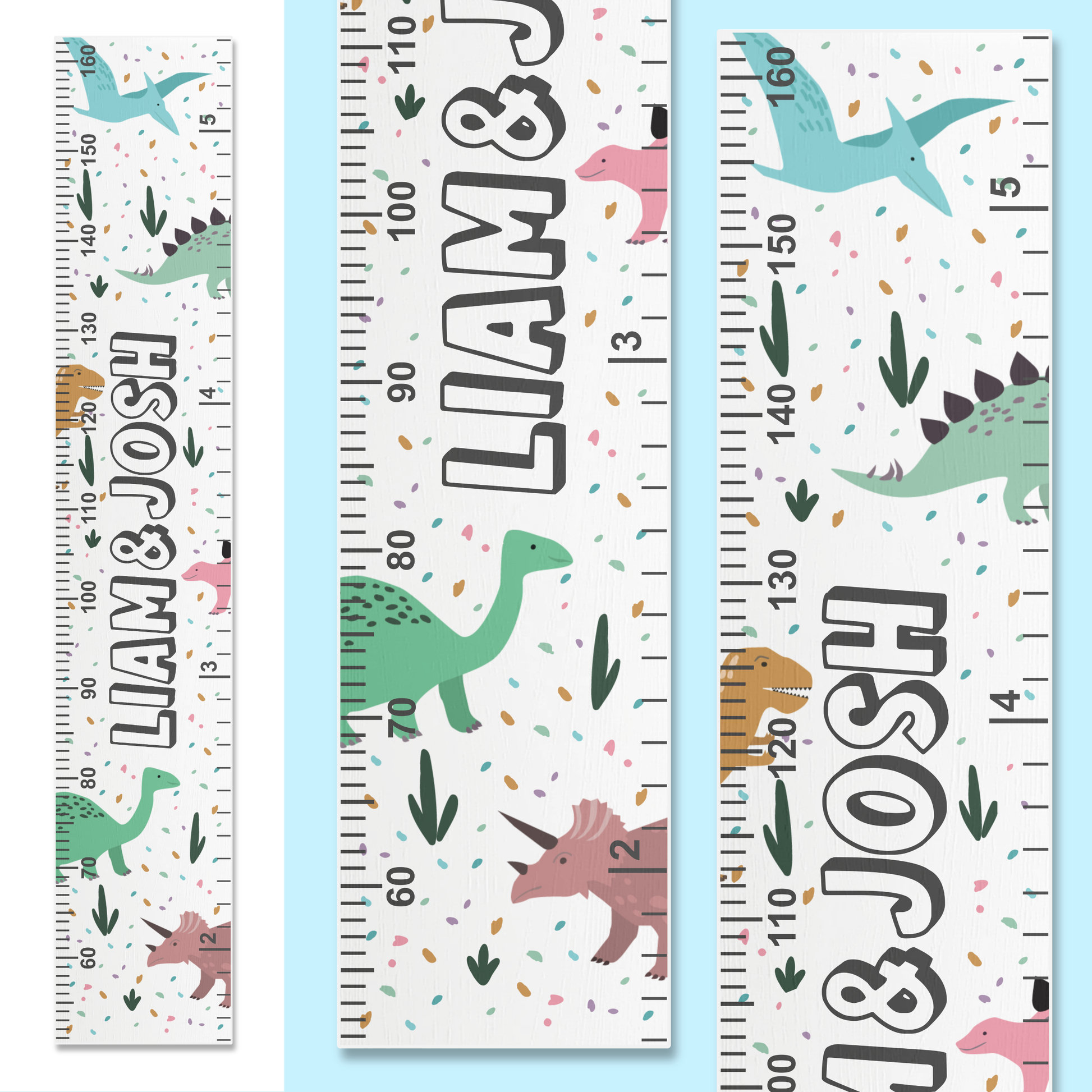 Three growth charts with dinosaur illustrations and personalised names up the middle on a white background.