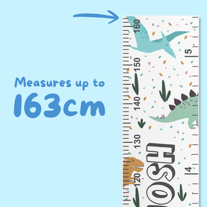 Ruler with dinosaur design and text 'Measures up to 163cm' on a blue background