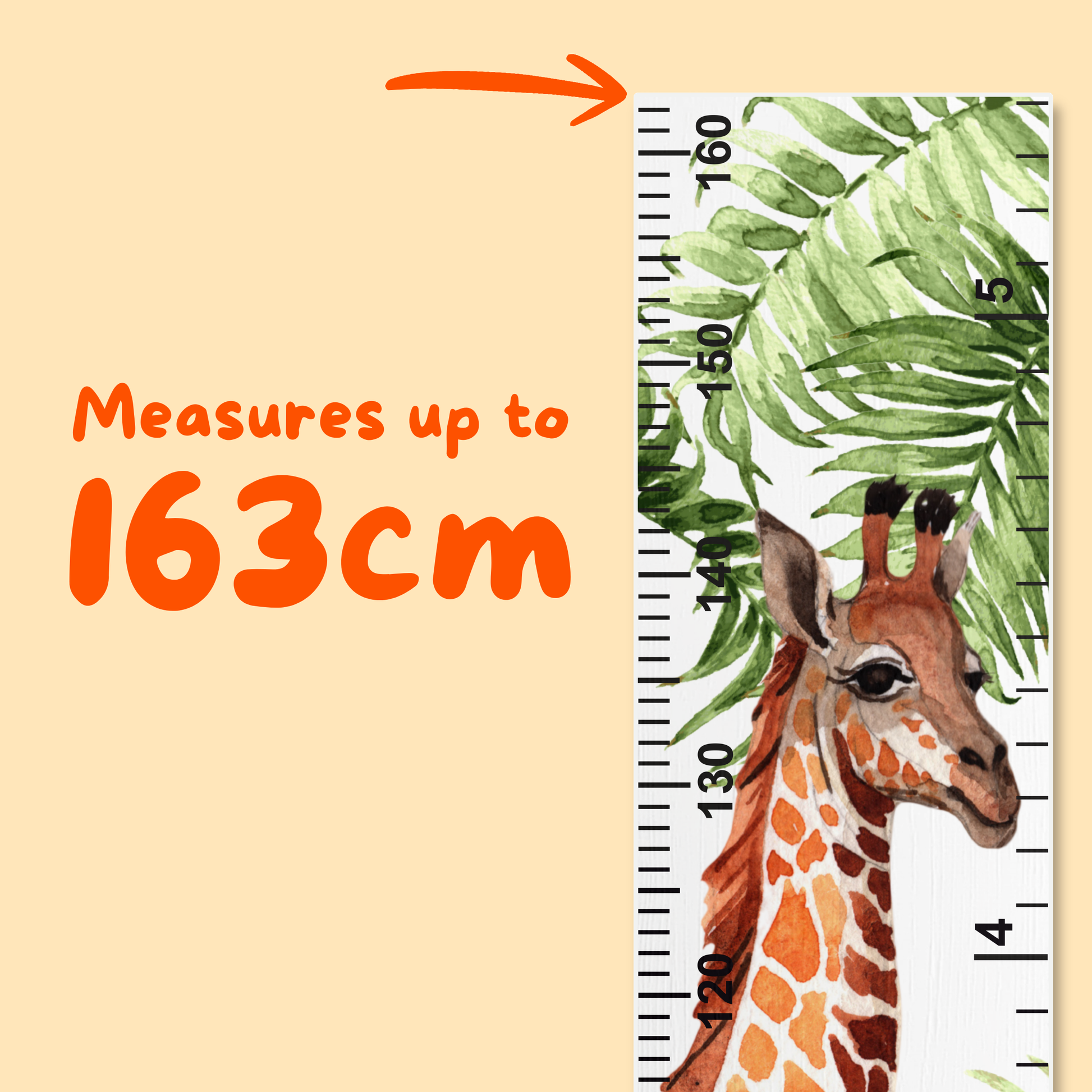 Growth ruler with a watercolour giraffe illustration and leaf pattern, showing measurements up to 163cm on a beige background.