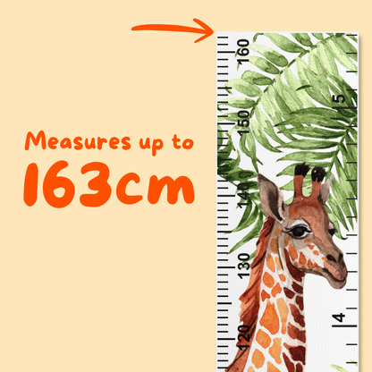 Growth ruler with a watercolour giraffe illustration and leaf pattern, showing measurements up to 163cm on a beige background.