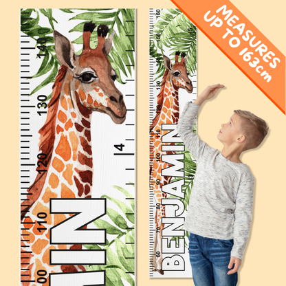 Giraffe-themed height chart with a child for measurement, featuring a personalised name up the middle.