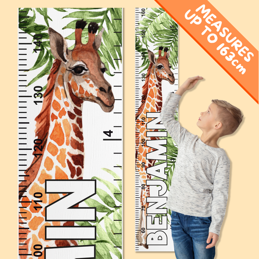 Giraffe-themed height chart with a child for measurement, featuring a personalised name up the middle.