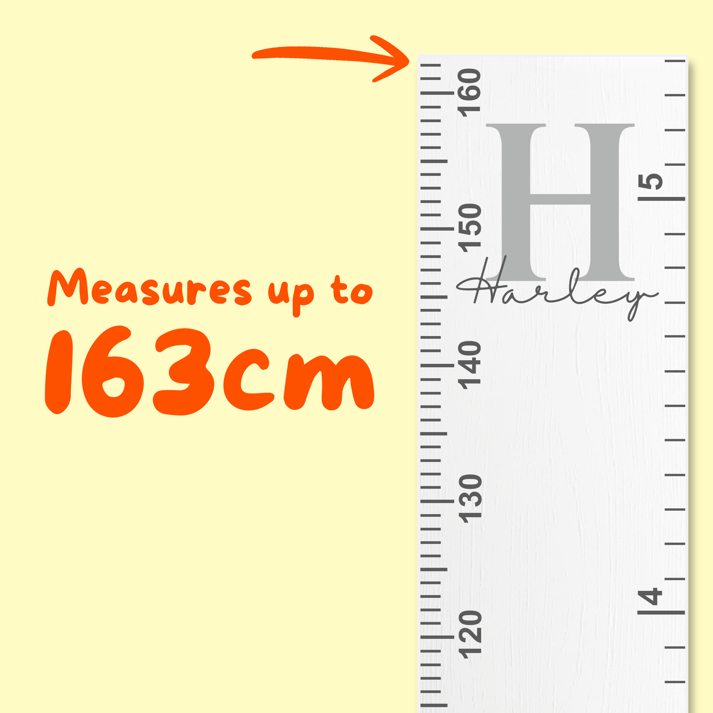 growth ruler with personalised name and monogram inital and text indicating measurement capacity on a yellow background
