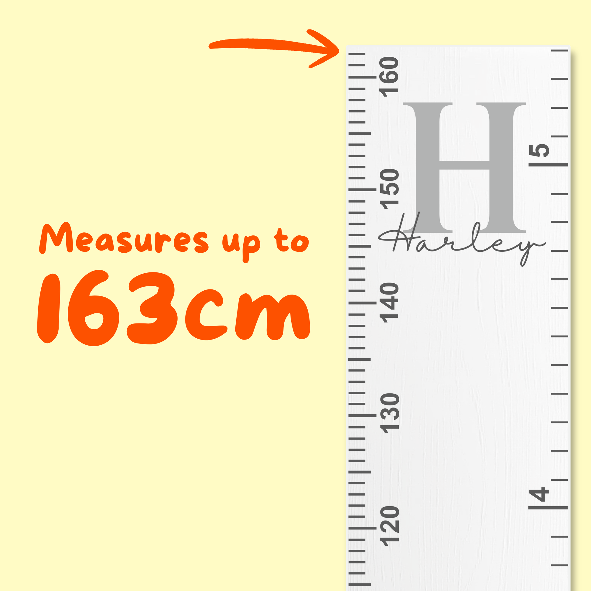 growth ruler with personalised name and monogram inital and text indicating measurement capacity on a yellow background