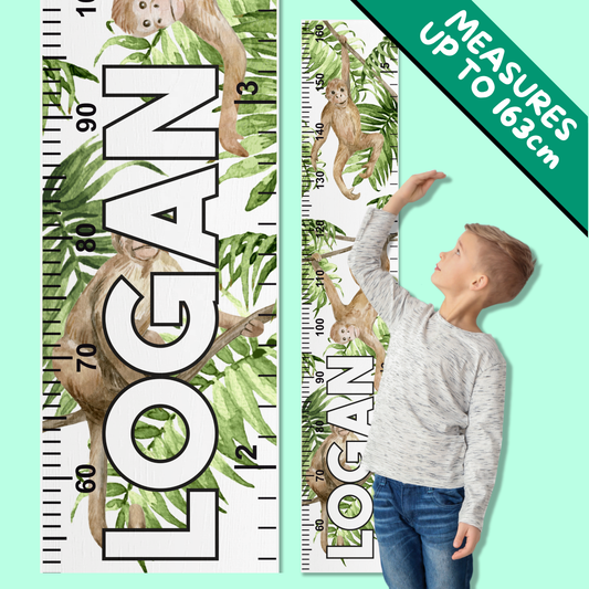 Growth chart with monkey design and child for measuring height, on a light green background.