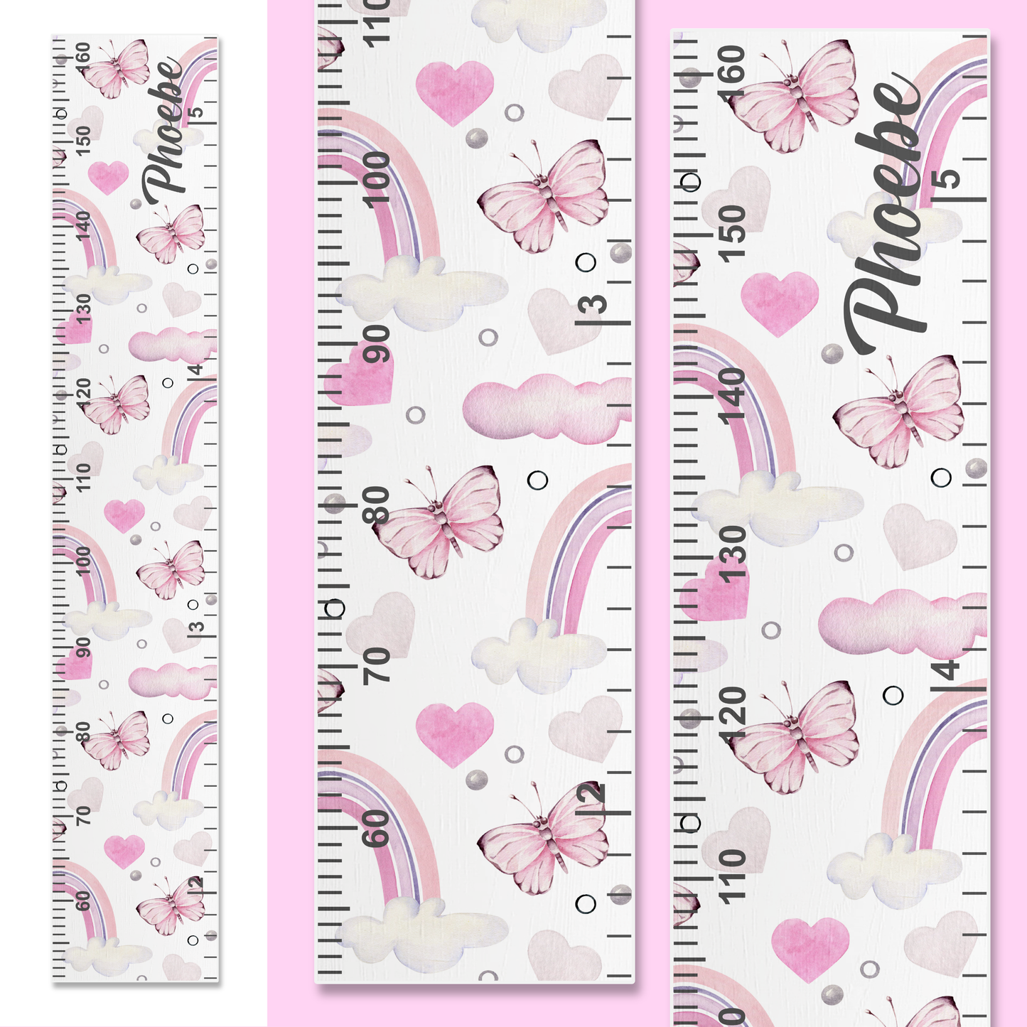 Three personalised height rulers with decorative pink butterflies, hearts, and rainbows on a white background.