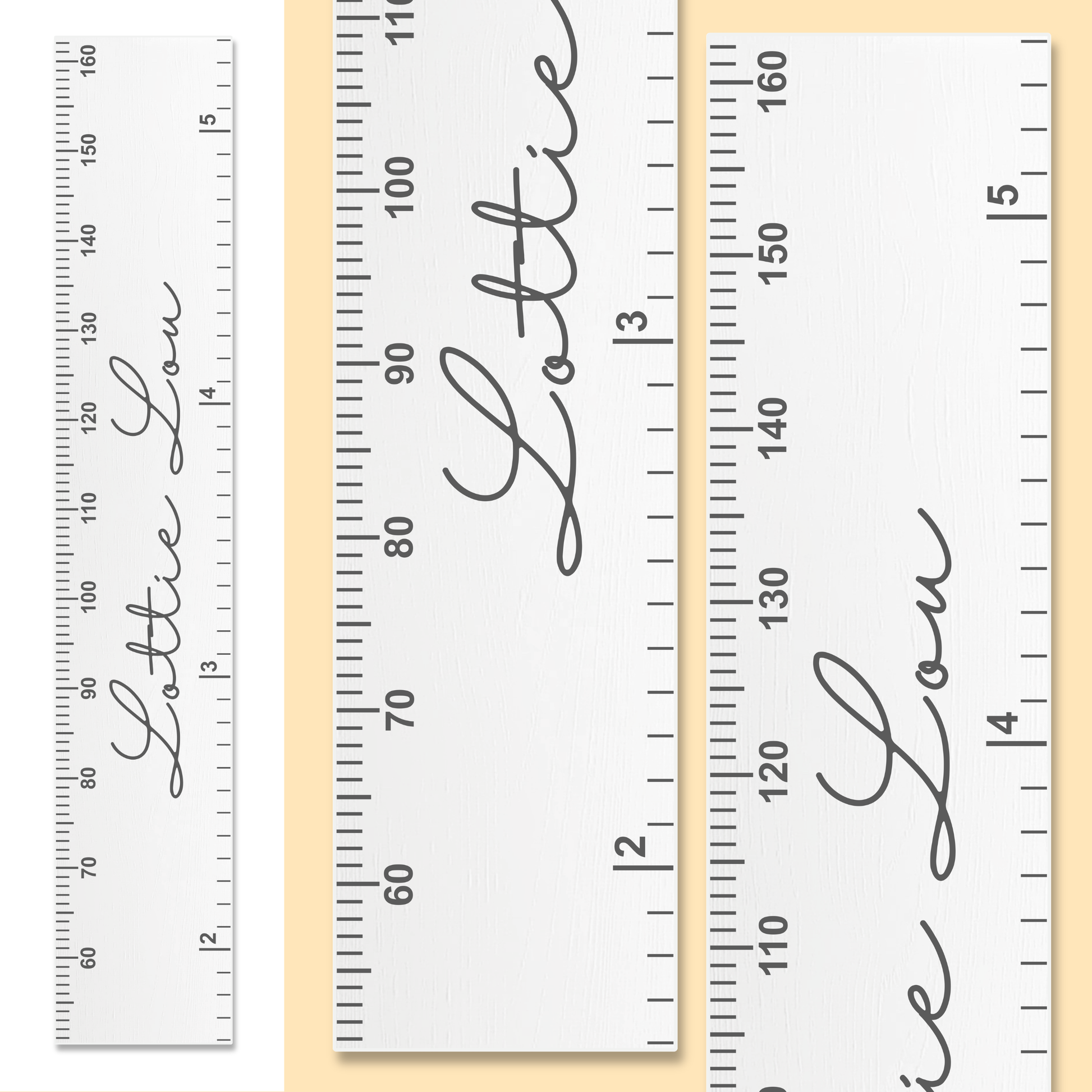 Close up of a white growth chart with personalised name in cursive font