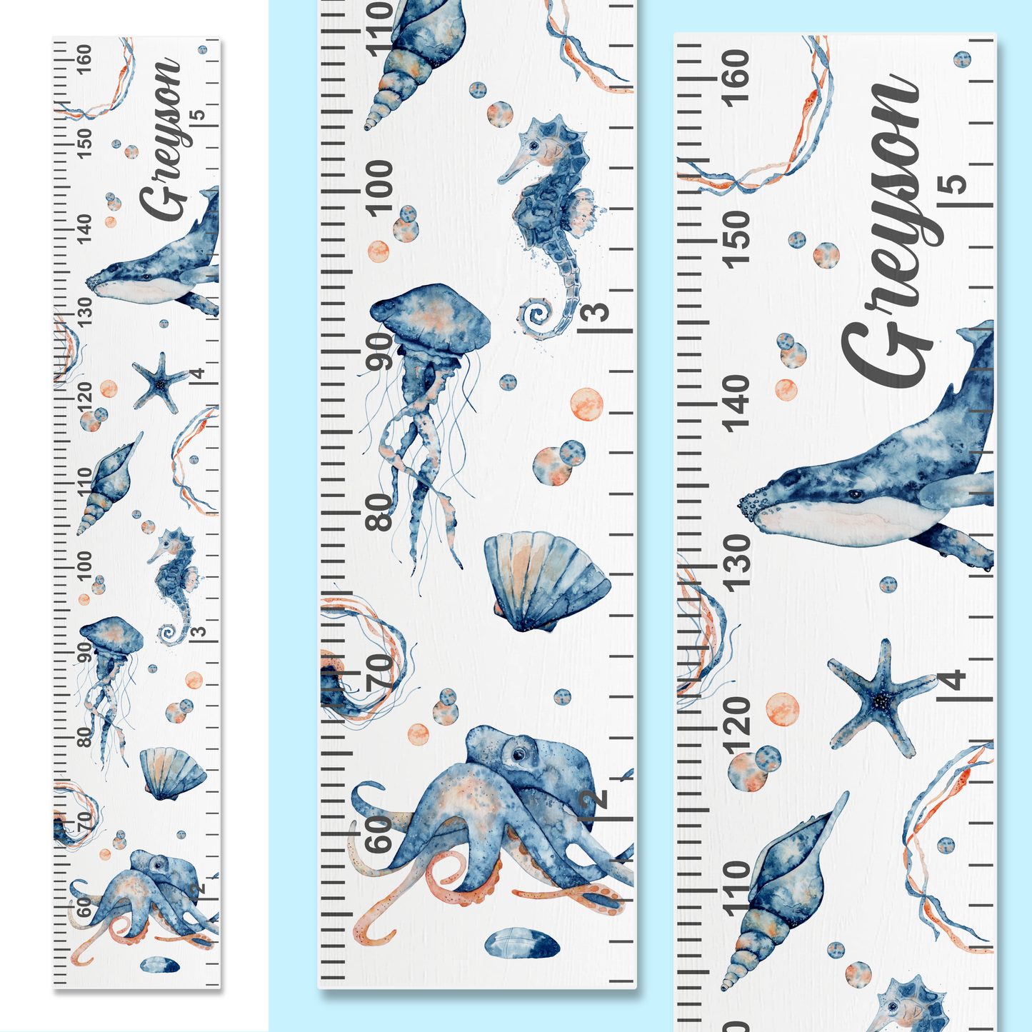 Set of three growth charts with water colour ocean-themed designs and personalised with a name.