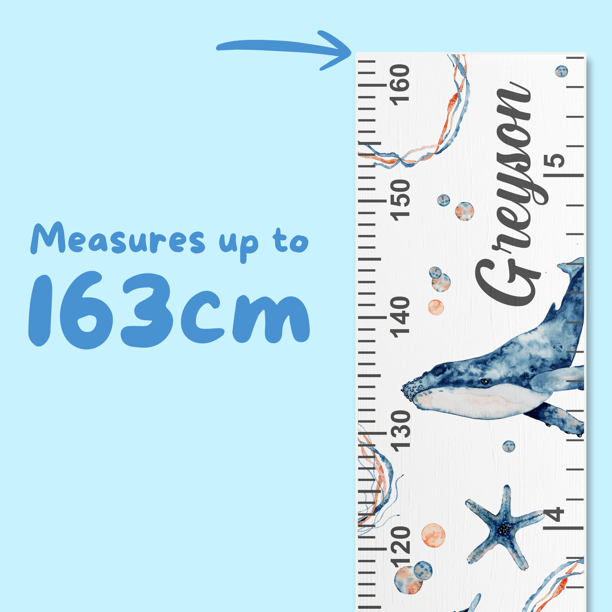 Ruler with whale design and text 'Measures up to 163cm' on a blue background