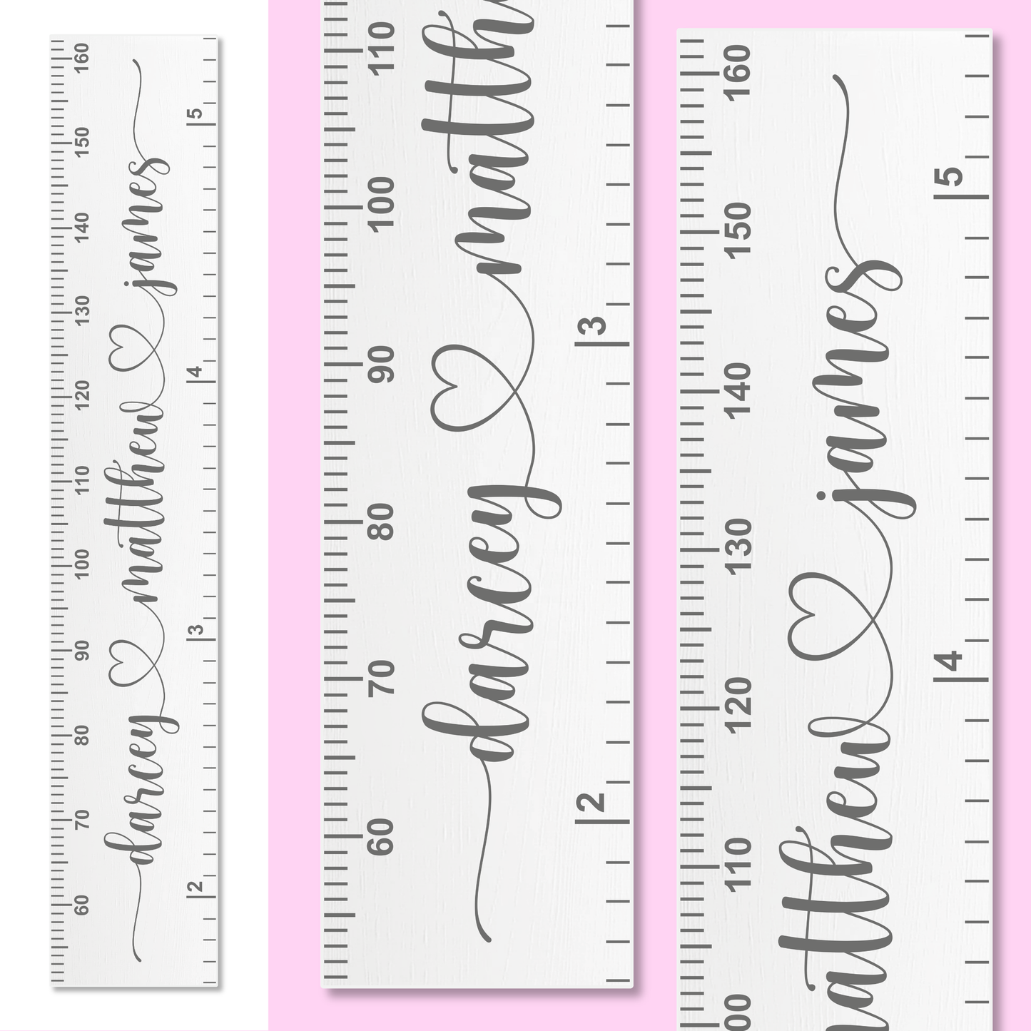 Three personalized growth charts with names on a pink background
