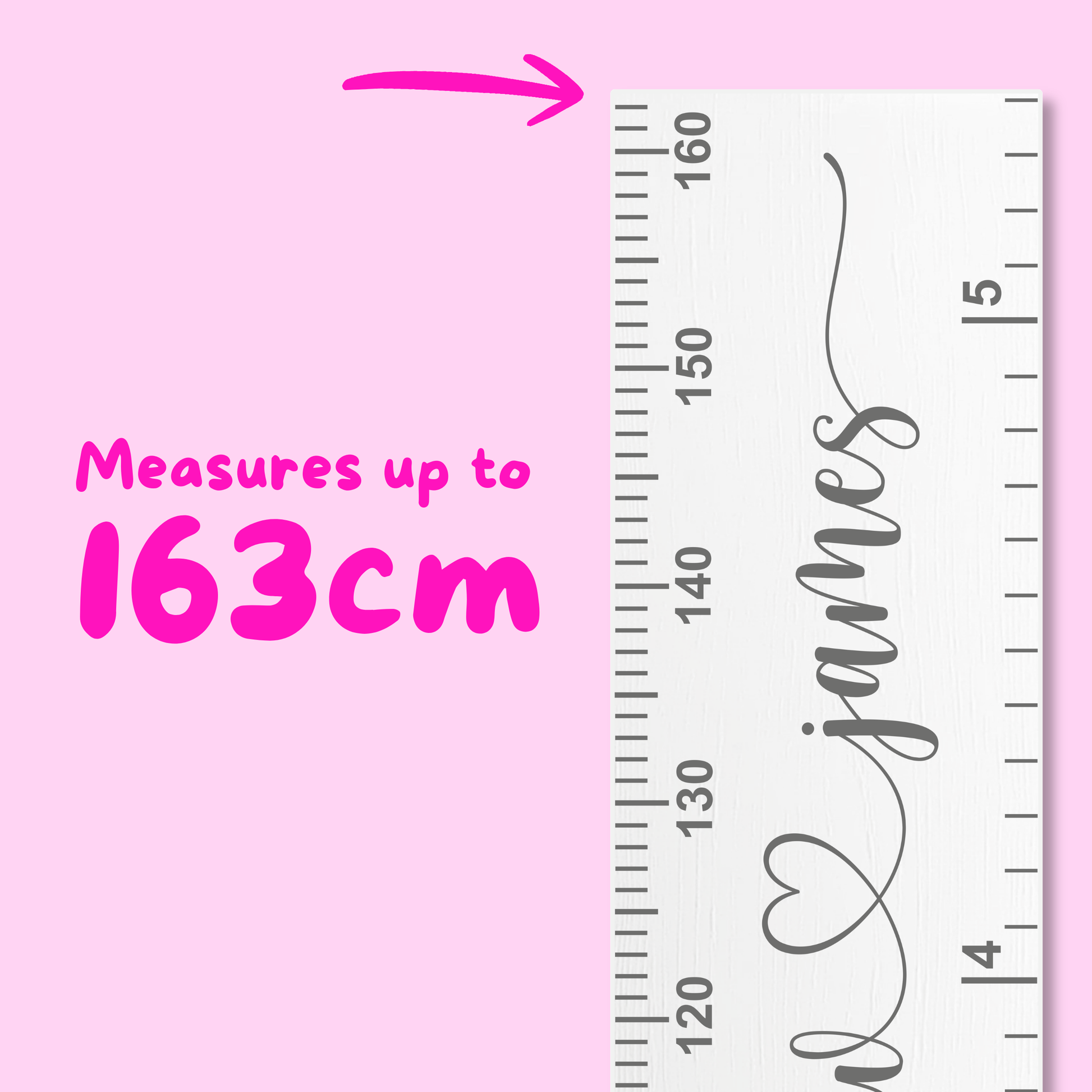 Ruler with personalised names in cursive script font on a pink background, indicating measurement capacity.
