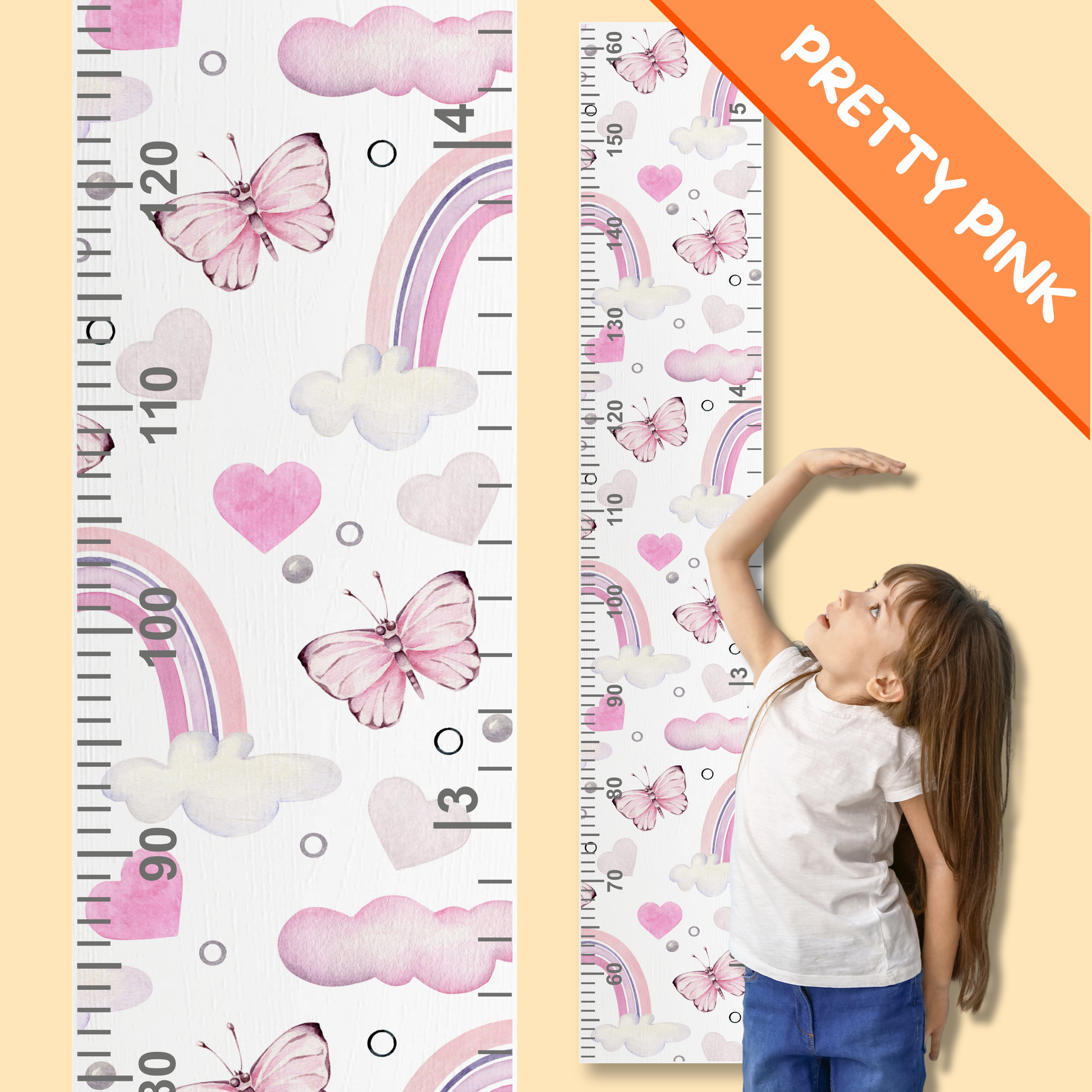 Height chart with pink butterfly and rainbow design next to a child measuring themselves.