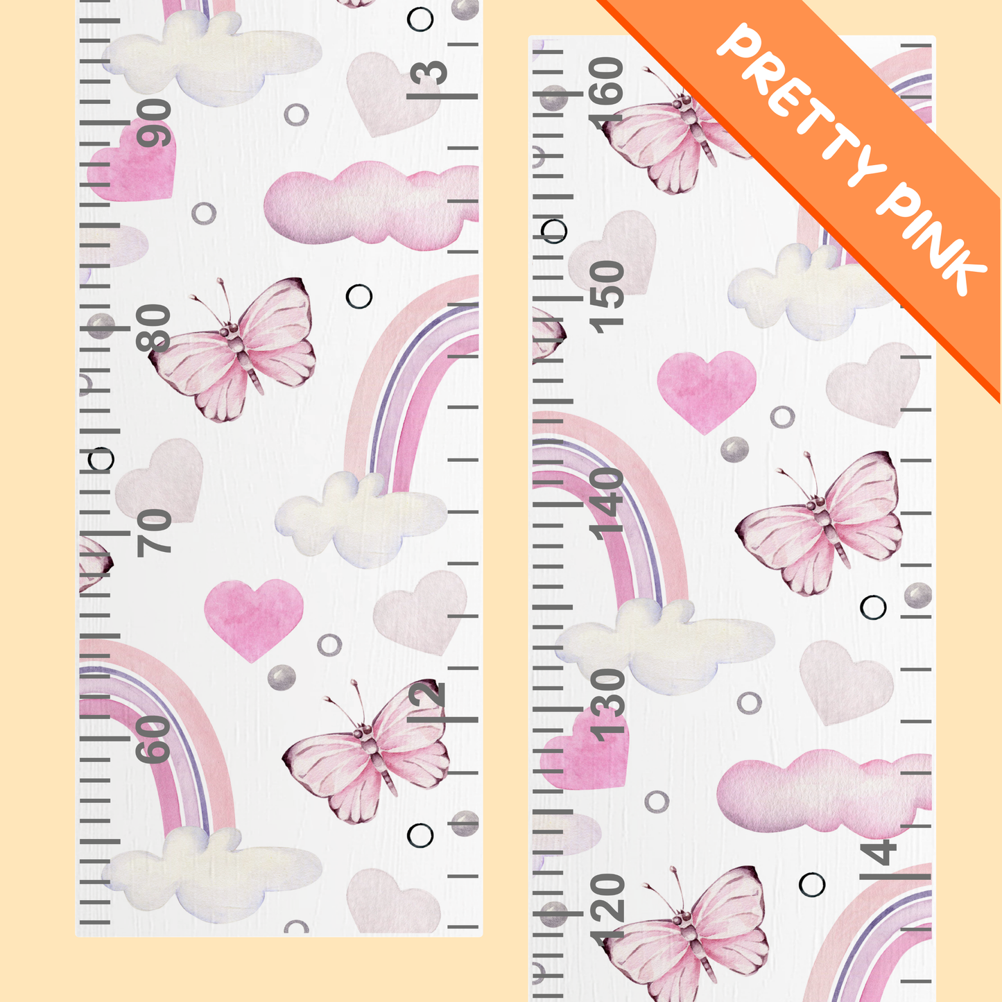 Children's height chart with pink butterflies, hearts, and rainbows on a light yellow background.
