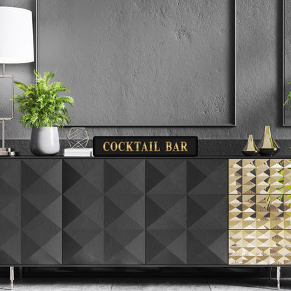 Black and gold foiled street sign with 'Cocktail bar' wording