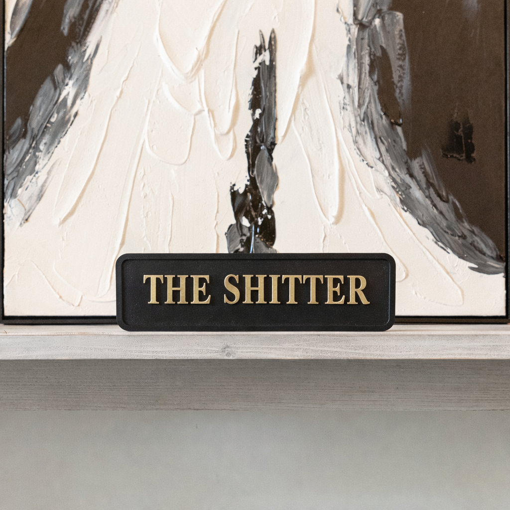 Black decorative sign with gold text 'THE SHITTER' in front of an abstract painting