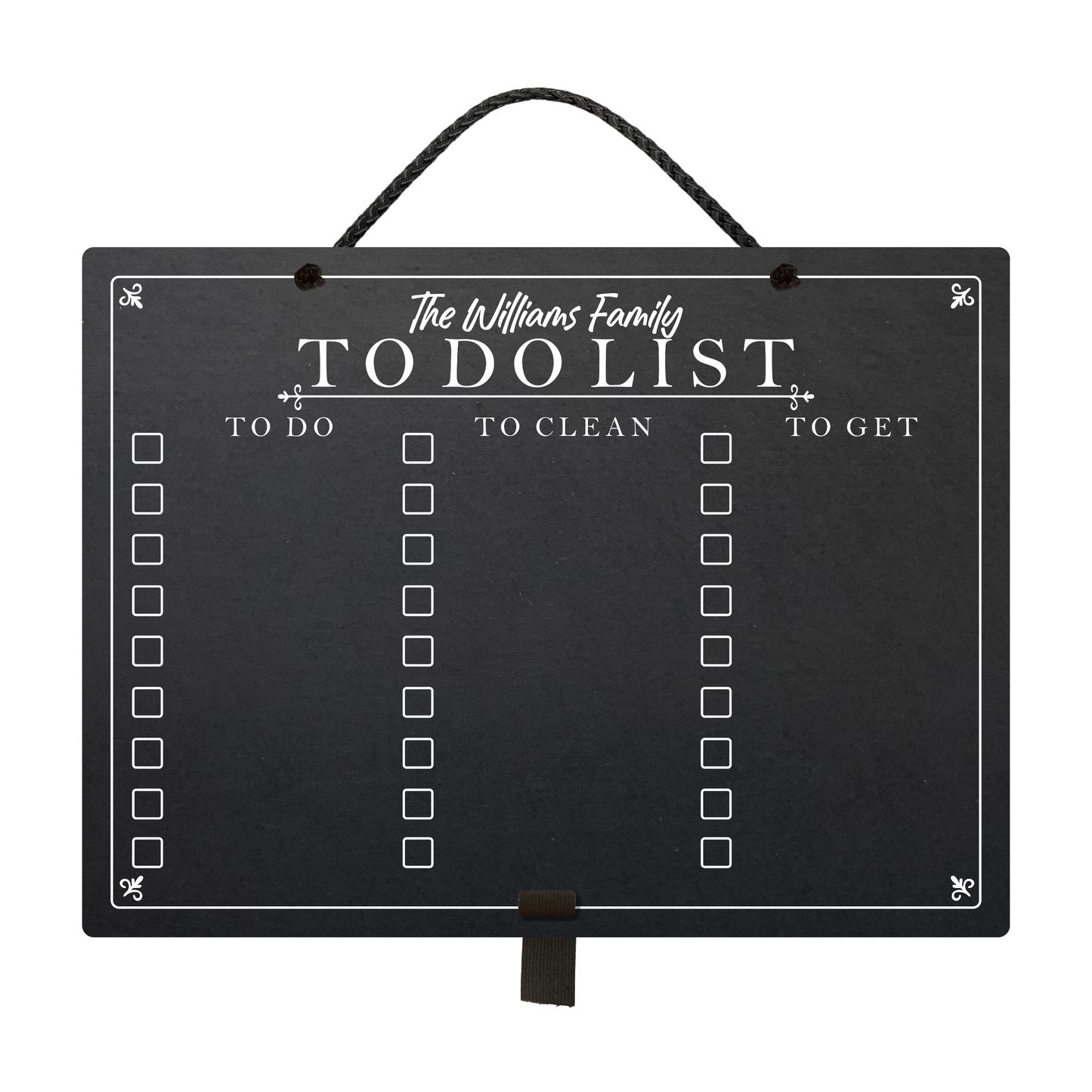 Large landscape chalkboard hanging from black rope with an adjustable elastic pen holder at the bottom. Featuring printed 'to do' 'to clean' and 'to get' collumn headers with check boxes and 'Ashley & Beth's To Do List' at the top. 